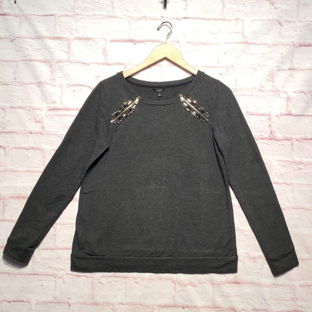 Ann Taylor Top Womens Medium Gray Embellished Zip Beaded Thick Knit Boho Chic